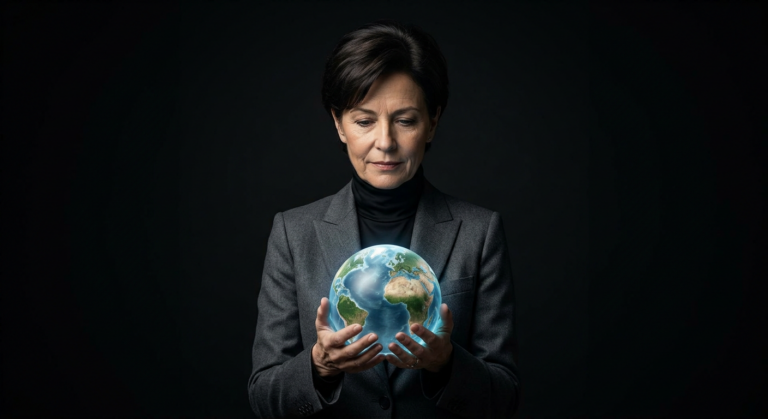 Nano Banana 2 – Elegant professional in sophisticated attire holding a glowing realistic world globe_1