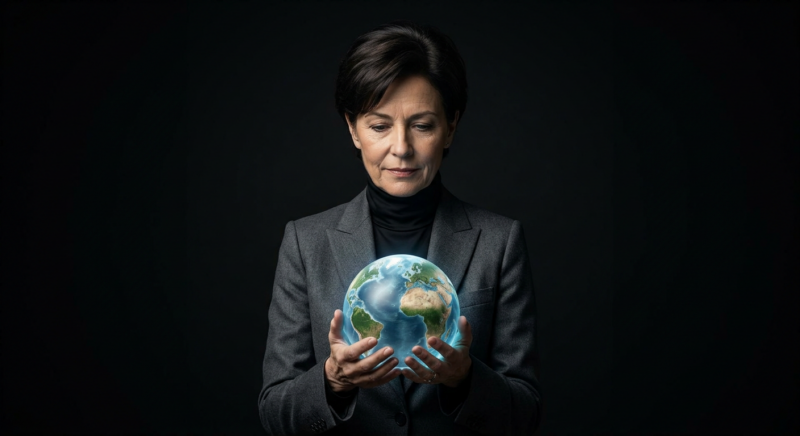 Nano Banana 2 – Elegant professional in sophisticated attire holding a glowing realistic world globe_1